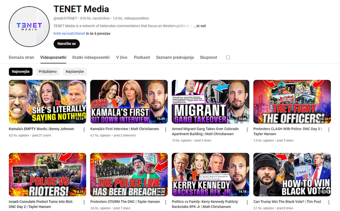 Kanal Tenet Media na YouTubu v zadnjem obdobju pogosto objavlja vsebine, ki so kritične do kandidatke za predsednico ZDA in aktualne ameriške podpredsednice Kamale Harris. Bližajo se namreč predsedniške volitve, naročniki videoposnetkov za Tenet Media pa naj bi si močno želeli, da na njih zmaga Donald Trump.  | Foto: Posnetek  zaslona