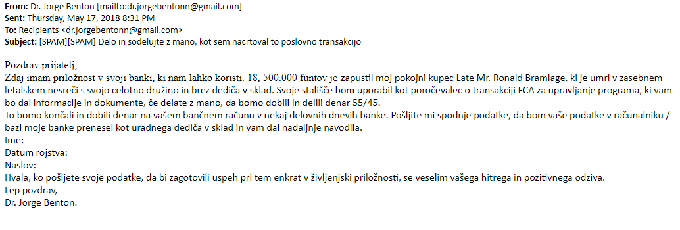 Elektronska pošta, ki jo uporabniku v upanju, da bo nasedel, pošlje prevarant, je lahko videti zelo prepričljivo in vsebuje dokumente legitimnega videza, imena in logotipe resničnih oseb in organizacij, veliko pravnih in finančnih izrazov. A pozorni moramo biti predvsem na jezik, saj prevarante skoraj vedno izdajo slovnične napake.  | Foto: Matic Tomšič