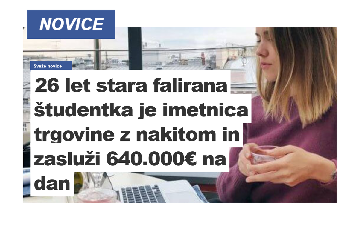 Prevara Facebook | Zapis, ki želi potencialno žrtev prepričati, da nasede in se registrira na eni od trgovalnih (forex) platform, se zelo pogosto začne s "šokom", neverjetnim odkritjem načina, kako v kratkem času zaslužiti zelo veliko denarja, ali pa osebno zgodbo izmišljenega bogataša oziroma v tem primeru bogatašinje, ki dnevno zasluži velikanske zneske. | Foto Matic Tomšič / Posnetek zaslona