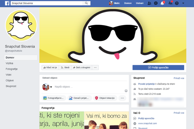 Profil Snapchat Slovenia je z okrog 23.000 sledilci največji od vseh, s katerimi prevaranti ribarijo med slovenskimi uporabniki. Ker je bil ustvarjen že leta 2014 in spočetka ni organiziral nagradnih iger, je zelo verjetno, da so ga prevaranti kupili od prejšnjega lastnika.  | Foto: Matic Tomšič / Posnetek zaslona