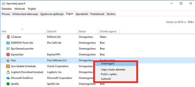 Dobro je tudi zagnati Upravitelja opravil (Ctrl + Shift + Esc) in preveriti, kateri programi se zaganjajo takoj, ko se naloži operacijski sistem. Če je med njimi kakšen, ki ga ne poznamo, ga onemogočimo (na program kliknemo z desno tipko na miški in izberemo Onemogoči) in kasneje izbrišemo.  | Foto: Matic Tomšič