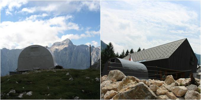 Bivak II (levo) v svojem naravnem okolju na Jezerih in (desno) poleg Slovenskega planinskega muzeja v Mojstrani. Foto: Elizabeta Gradnik. | Foto: 