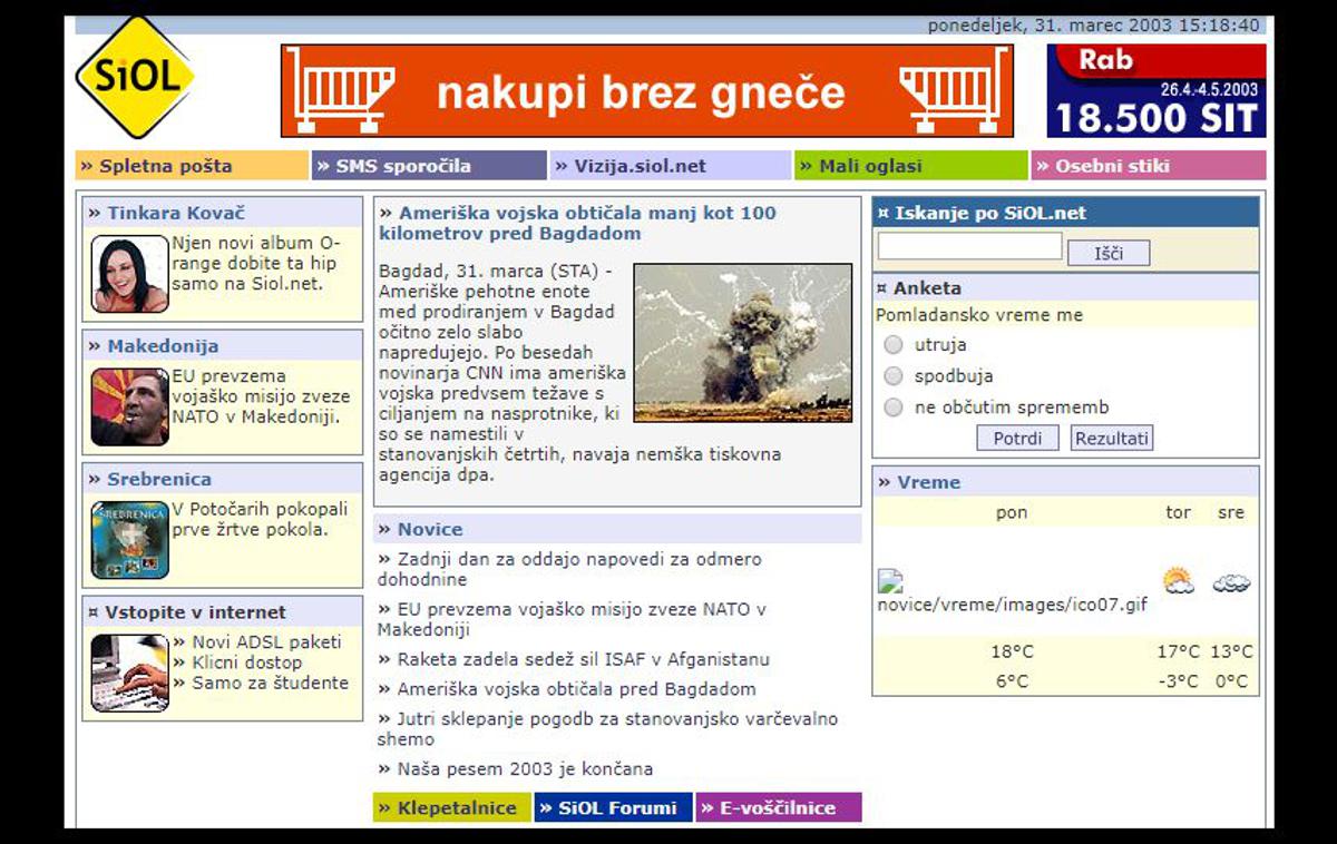 Siol.net, 2003 | Del naslovnice Siol.net iz leta 2003 | Foto Siol.net