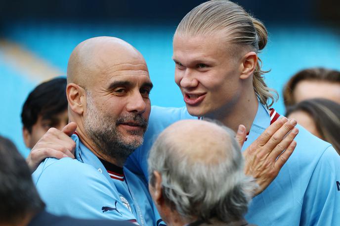 Erling Haaland | Erling Haaland in Josep Guardiola sta med tremi finalisti v izboru igralca/trenerja sezone 2022/23. | Foto Reuters