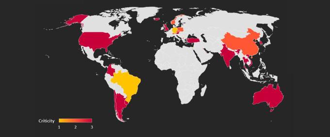 Nacionalne aplikacije za zajezitev širjenja epidemije s covid-19 niso vzor niti glede varnega delovanja niti glede varovanja osebnih podatkov, kažejo ugotovitve družbe Pradeo Lab, ki jih ponazarja ta zemljevid. | Foto: Pradeo Lab