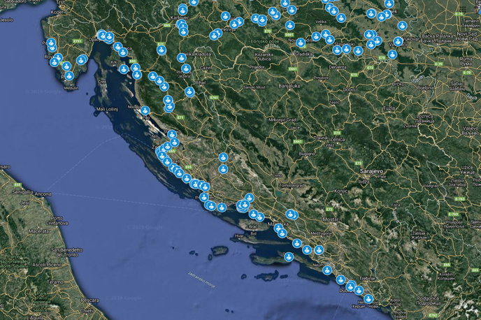 Radar, Google Maps | Znane lokacije radarjev na Hrvaškem. Povezavo do zemljevida najdete v uvodu v članek (spodaj) s klikom na "znane lokacije radarjev". | Foto Google Zemljevidi