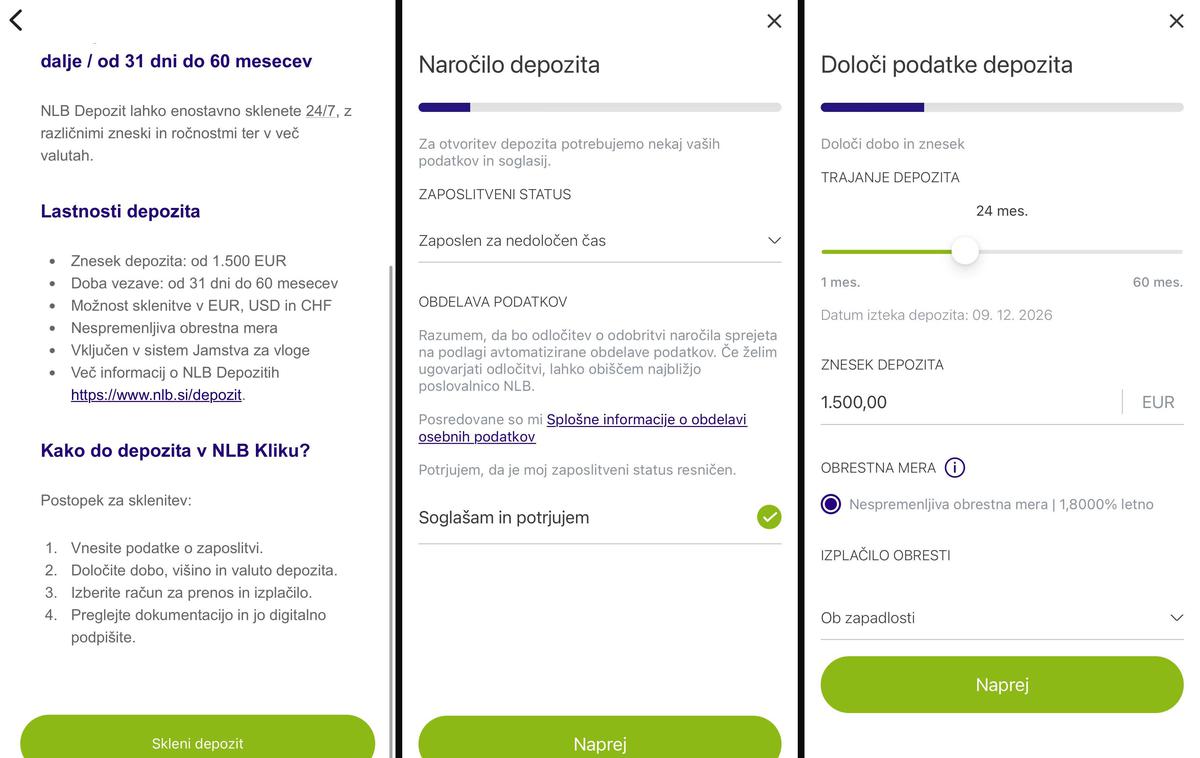NLB Klik, depoziti | Sklepanje depozita v mobilni različici digitalne banke NLB Klik | Foto S. C. (zajem zaslona)