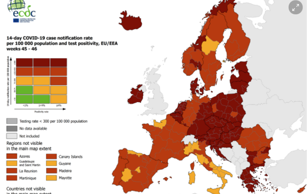 ECDC | Slovenija je v celoti temno rdeča, kar pomeni najslabšo epidemiološko sliko z vidika pandemije covid-19. | Foto ecdc.europa.eu