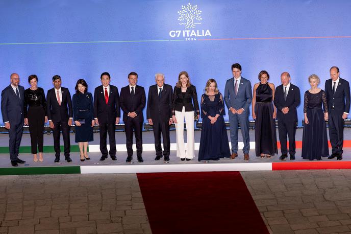 Voditelji G7 | Sklepna izjava ne omenja pravice do splava. Vprašanje omembe splava je na vrhu sprožilo določene polemike, predvsem med gostiteljico, konservativno italijansko premierko Giorgio Meloni in liberalnim francoskim predsednikom Emmanuelom Macronom. | Foto Reuters