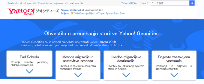 Japonski GeoCities še vedno sprejema nove uporabnike, a jih hkrati tudi obvešča, da z marcem 2019 zapira vrata. Obvestilo je v polomljeni slovenščini zato, ker smo spletno stran prevedli z Googlovim prevajalnikom. | Foto: Matic Tomšič / Posnetek zaslona