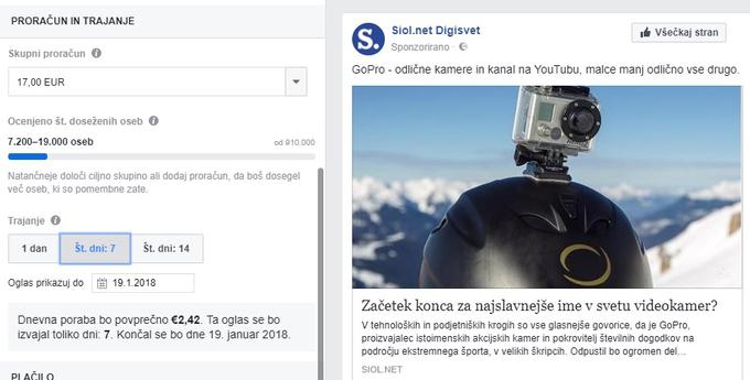 Takole je videti obrazec, prek katerega lahko na Facebooku proti plačilu povečamo doseg izbrane objave. Da je bila izpostavitev določene objava plačana, uporabnike Facebooka, ki nanjo naletijo med brskanjem po družbenem omrežju, opozarja oznaka "Sponzorirano" pod imenom profila, ki jo je delil.  | Foto: Matic Tomšič