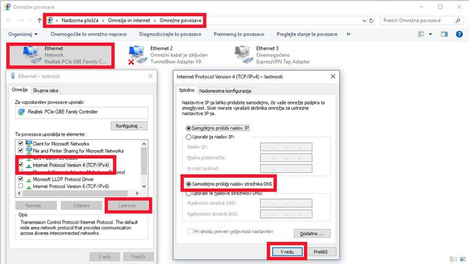 V Nadzorni plošči odpremo Omrežje in internet ter nato še Omrežne povezave in z desno tipko na miški kliknemo na aktivno povezavo ter izberemo Lastnosti. Na zavihku Omrežje nato z miško kliknemo na možnost Internet Protocol Version 4 (TCP/IPv4) in spodaj desno še enkrat kliknemo Lastnosti. V novem oknu obkljukamo polje Samodejno pridobi naslov strežnika DNS) in kliknemo V redu.  | Foto: Matic Tomšič