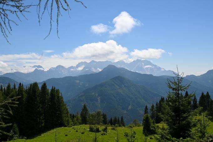 Na sestopu pod južnimi pobočji pogled proti jugu, proti Pristovškemu Storžiču, za njim pa so najvišji vrhovi Kamniško-Savinjskih Alp. | Foto: Matej Podgoršek