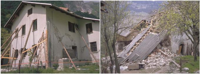 Zaradi posedanja etaže so se porušile vse predelne stene v pritličju sirarne na planini Polog nad Tolminko v neposredni bližini Osojnice (levo). Popolnoma porušeno gospodarsko poslopje na planini Polog nad Tolminom (desno). | Foto: Arso