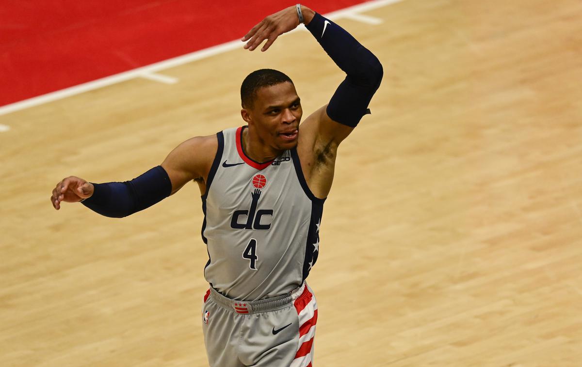 Russell Westbrook | Čarovniki iz Washingtona so si z zmago proti Indiani (142:115) zagotovili nastop v končnici. Russell Westbrook je v statistiko zmagovalcev prispeval 18 točk, 15 asistenc in osem skokov. | Foto Guliverimage