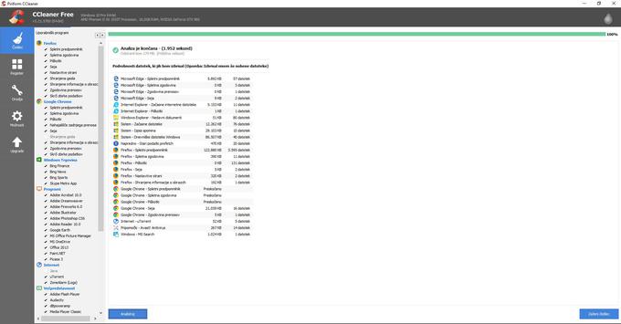 Program CCleaner je na našem delovnem računalniku našel za 279 megabajtov "smeti". Treba je vedeti, da ni iskal tistih, ki jih na računalniku pušča naš primarni spletni brskalnik Chrome, saj smo ga med analizo uporabljali in CCleanerju nismo dovolili, da ga izklopi. Če bi mu, bi bila količina odvečnih datotek vsaj petkrat večja. | Foto: Matic Tomšič