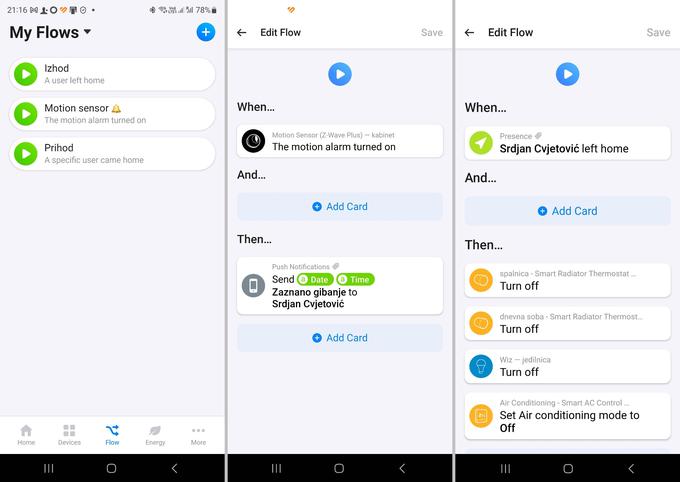 Že s preprostimi orodji za avtomatizacijo (Flows) je mogoče ustvariti vse scenarije upravljanja povezanih naprav pametnega doma, ki bi jih večina uporabnikov kdaj potrebovala (npr. obveščanje o prisotnosti v nekem prostoru, samodejno prižiganje luči ob vstopu v prostor, izklop gretja ali hlajenja ob odprtju okna ali zapuščanju prostora). | Foto: Srdjan Cvjetović