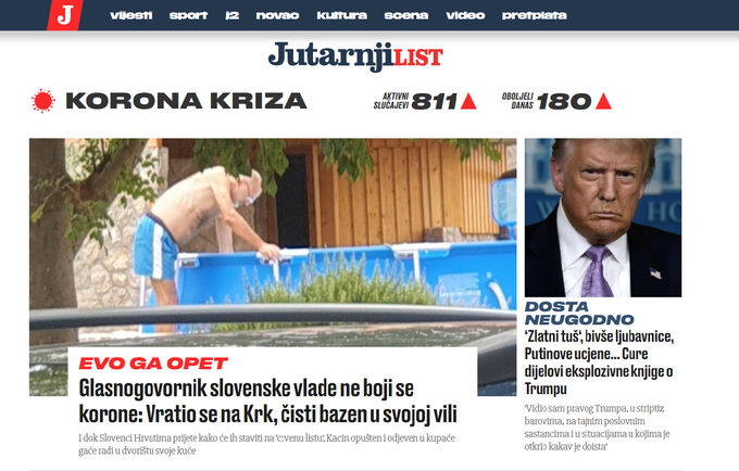 Današnja naslovnica Jutarnji list z naslovom "Vladni govorec slovenske vlade se ne boji korone: Vrnil se je na Krk, čisti bazen v svoji vili". | Foto: Posnetek zaslona: Jutarnji.hr