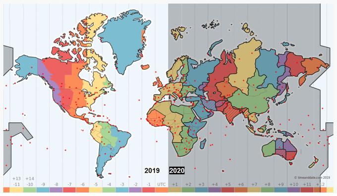 Ko bomo v Sloveniji vstopali v novo leto, si bodo v Novi Zelandiji že privoščili prvo kosilo v novem letu, v Ameriki pa se bodo na silvestrovanje šele pripravljali. | Foto: timeanddate.com