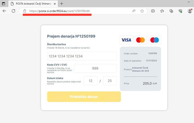 Podčrtana je zelo sumljiva spletna domena, na kateri gostuje obrazec za oddajo podatkov o plačilni kartici. Ogled izvorne kode spletne strani sicer razkriva, da gre zgolj za zelo preproste obrazce za vnos podatkov in da v ozadju ni nobenega plačilnega servisa. | Foto: Matic Tomšič / Posnetek zaslona
