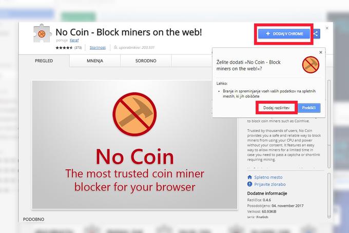 Kako namestim razširitev za spletni brskalnik? Preprosto kliknite na gumb Dodaj v Chrome in nato še Dodaj razširitev, ko se pojavi ta možnost. Na zelo podoben postopek nameščanja razširitev naletimo tudi pri drugih spletnih brskalnikih.  | Foto: Matic Tomšič
