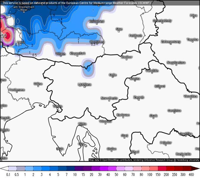 Karta prikazuje, koliko snega za četrtek zjutraj napoveduje meteorološki model ECMWF po najbolj pesimističnem scenariju za snegoljube. | Foto: meteologix