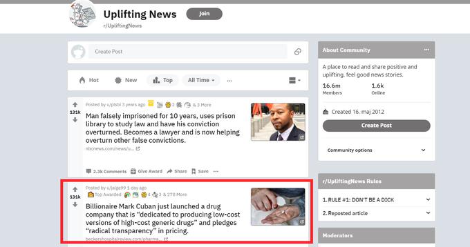 Internet je nad potezo Marka Cubana navdušen. V skupini Uplifting News na največjem internetnem forumu Reddit, ki ima več kot 16 milijonov članov, je objava o ustanovitvi podjetja za prodajo poceni zdravil postala druga največkrat všečkana objava v devetletni zgodovini obstoja skupine.  | Foto: Matic Tomšič