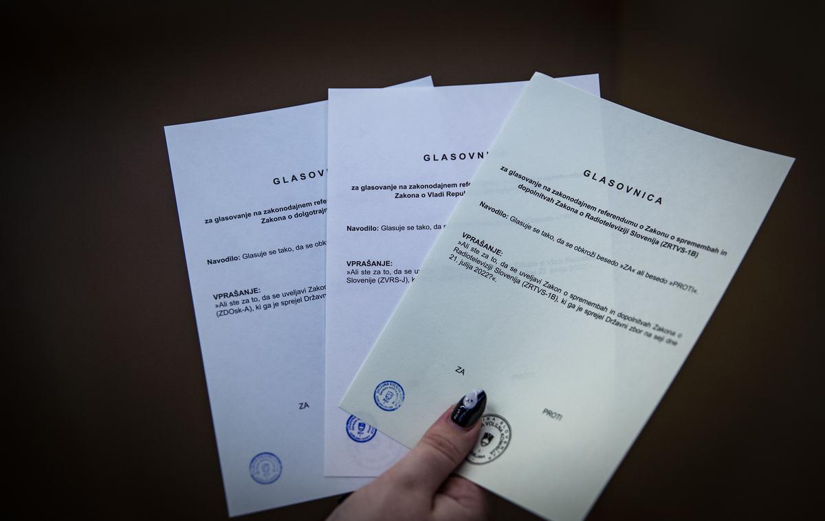 Referendum | Na glasovanju o treh zakonodajnih referendumih je na voliščih en volilni imenik, pri čemer se mora volivec oz. volivka v volilni imenik podpisati za vsak referendum posebej (torej trikrat, če želi glasovati o vseh treh referendumih). V skladu s tem, za katerega od referendumov se volivec podpiše v volilni imenik, nato prejme ustrezno glasovnico oz. dve glasovnici ali tri glasovnice. | Foto Ana Kovač