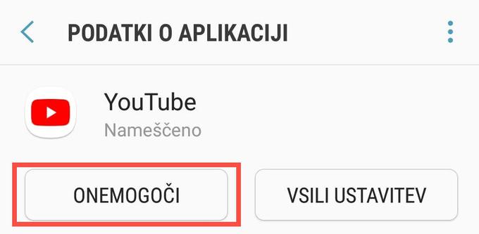 Telefon vas bo ob onemogočanju YouTuba morda vprašal tudi, ali želite aplikacijo YouTube odstraniti in jo nadomestiti s tovarniško. Tega nočemo storiti, saj bomo YouTube verjetno nekoč spet želeli omogočiti in zagnati, če ga nadomestimo s tovarniško različico, pa ga bomo morali še enkrat posodobiti.  | Foto: Matic Tomšič / Posnetek zaslona