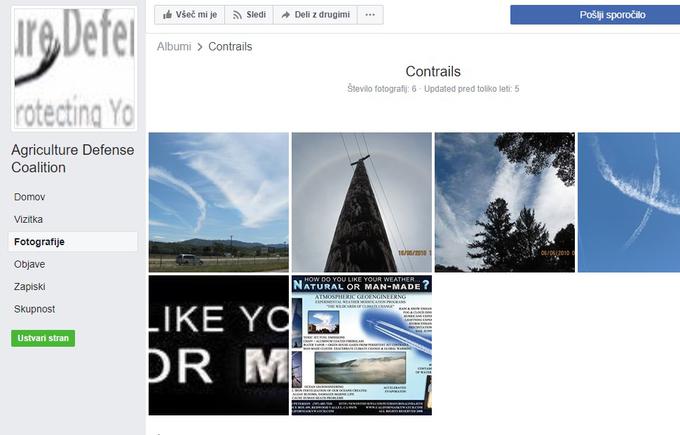 Koalicija za zaščito agrikulture ima profil na Facebooku. Ali ga upravlja Rosalind Peterson, ni znano, je pa tam med drugim objavljenih nekaj fotografij letalskih sledi, ki so poimenovane "contrails", in ne "chemtrails".  | Foto: Facebook