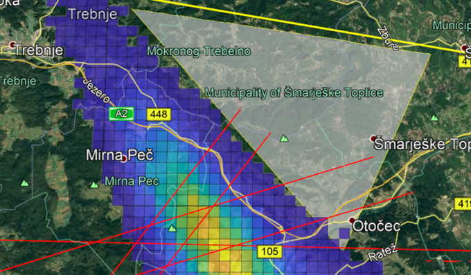 Rdeče črte predstavljajo smeri, ki jih je določil Jim Goodall, trikotnik pa je predlog za iskalno območje, ki ga je določil Dušan Peček. Zajem zaslona Google Earth, podatki Dušan Peček in Jim Goodall. | Foto: zajem zaslona/Diamond villas resort