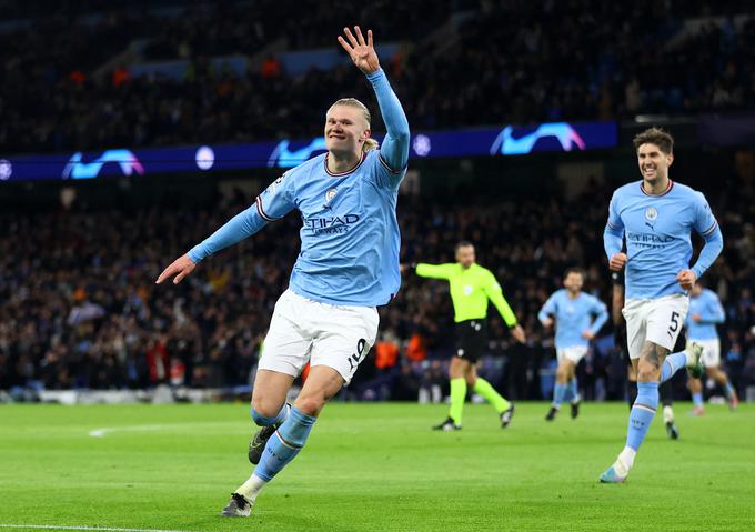 Manchester City je v osmini finala doma ponižal Leipzig s 7:0, kar pet zadetkov pa je dosegel norveški "stroj" Erling Braut Haaland, z desetimi goli tudi prvi strelec tekmovanja. V četrtfinalu ga čaka Bayern, katerega je v preteklosti dobro spoznal v dresih RB Leipzig in Borussie Dortmund. | Foto: Reuters