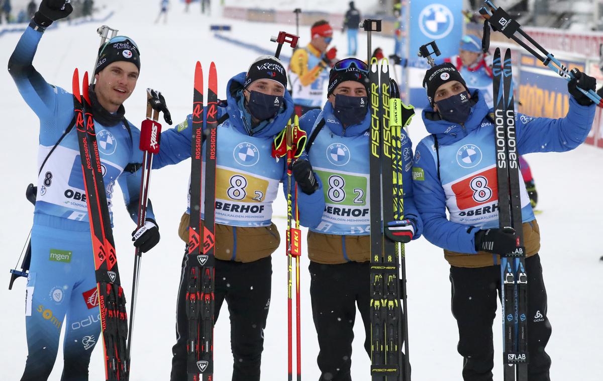 Francozi - štafeta, biatlon Oberhof | Emilien Jaquelin, Fabien Claude, Quentin Fillon-Maillet in Simon Desthieux so danes v Oberhofu pospravili konkurente. | Foto Guliverimage