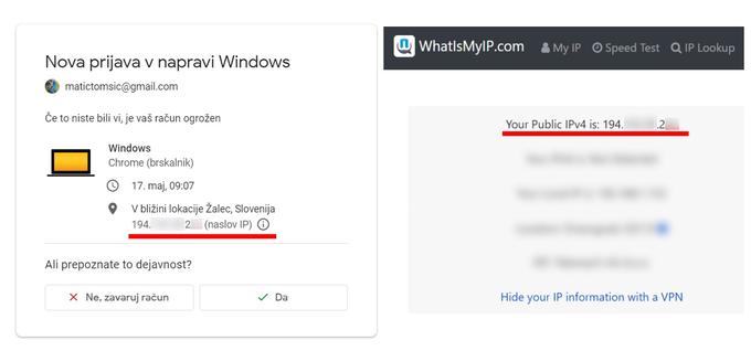 Tako lahko preverite, če se naslova IP v opozorilu o novi prijavi in na spletni strani WhatIsMyIP ujemata. Če se, ste lahko malce bolj mirni. | Foto: Matic Tomšič