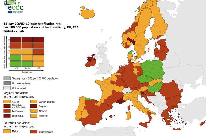 ECDC 16.9.2021 | Po najnovejših podatkih je zahodna polovica Slovenije je ena od redkih regij v Evropi, ki je označena s temno rdečo barvo. | Foto STA