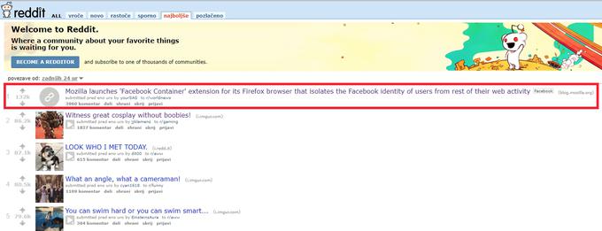 Facebook Container Reddit | Foto: Matic Tomšič