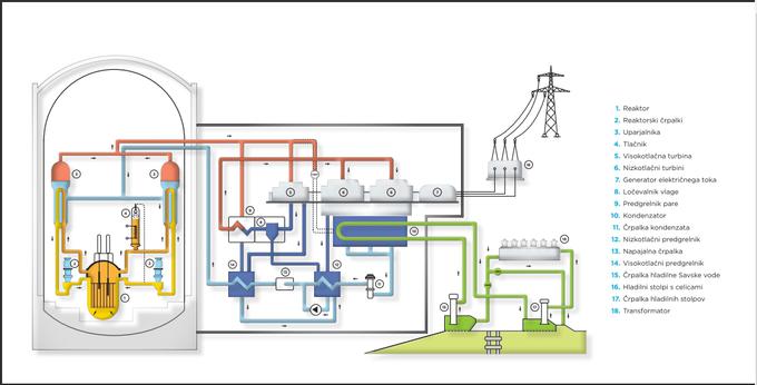Shema delovanja elektrarne: tehnološki sistem elektrarne sestavljajo primarni, sekundarni in terciarni sistemi oziroma krogi. Prva dva kroga sta popolnoma ločena od okolja. Le tretji, kjer za ohlajanje pare uporabljajo savsko vodo, je povezan z okoljem. | Foto: NEK