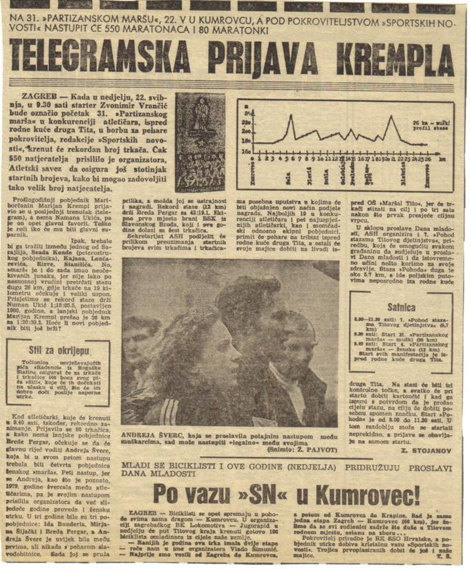 Prvega tekaškega tekmovanja, Partizanskega marša s štartom v Kumrovcu na Hrvaškem, se je udeležil leta 1977. Na fotografiji je kopija časopisne napovedi 31. Partizanskega marša, na katerega se je Krempl, zmagovalec 30. izvedbe marša, prijavil v zadnjem trenutku.  | Foto: osebni arhiv/Lana Kokl