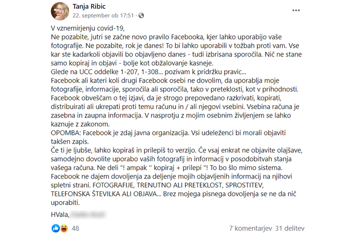 Tanja | Lažno besedilo se za reševanje pravnih sporov glede zasebnosti na Facebooku tokrat presenetljivo ne sklicuje na rimski statut, temveč na enotni trgovinski zakonik ZDA. V obeh primerih gre sicer za napihovanje, ki s to objavo nima nobene povezave.  | Foto Matic Tomšič / Posnetek zaslona