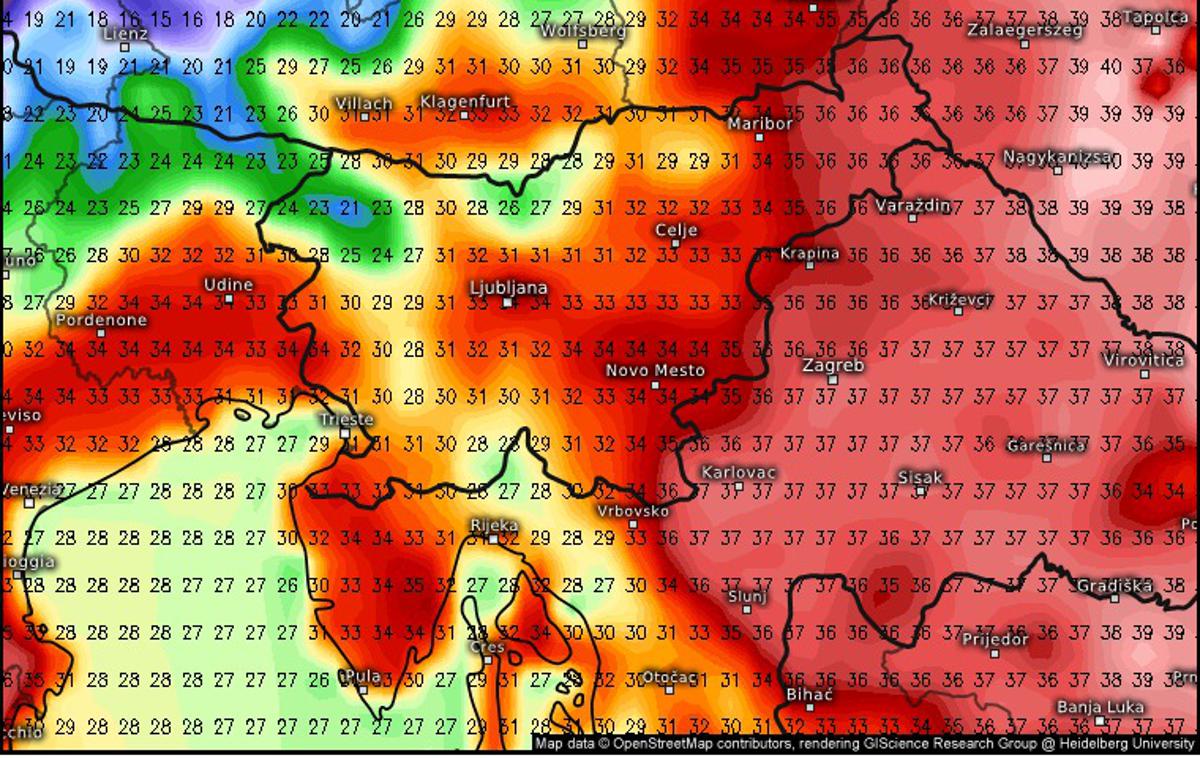 Napoved. Temperatura. | Na grafiki so prikazane predvidene jutrišnje popoldanske temperature. Najtopleje bo v Beli krajini, kjer se bo lahko ogrelo vse do 37 stopinj Celzija. | Foto David Florjančič / Meteoinfo Slovenija