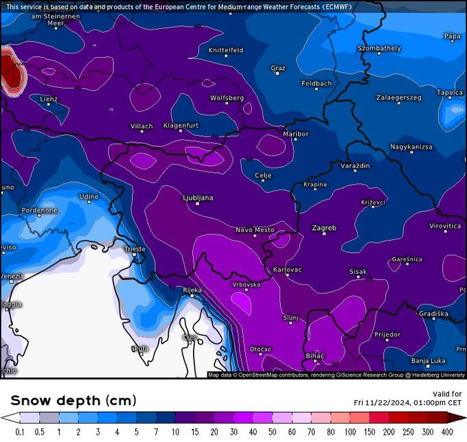 Izračun snežne odeje za petek popoldne (model ECMWF). Treba ga je jemati z veliko rezerve, saj je do takrat še precej časa in se napoved lahko še bistveno spremeni. | Foto: meteologix