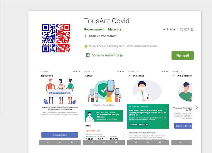V zadnjem mesecu lanskega leta so se po Franciji množično razširjala lažna SMS-sporočila, ki so, pod pretvezo, da gre za uradna sporočila francoskih oblasti, uporabnike nagovarjala k prenosu aplikacije Tousanticovid - a je povezava v teh sporočilih peljala drugam - do zlonamernega programa. Na sliki povezava do pristne aplikacije za operacijski sistem Android. | Foto: S. C. (zajem zaslona)