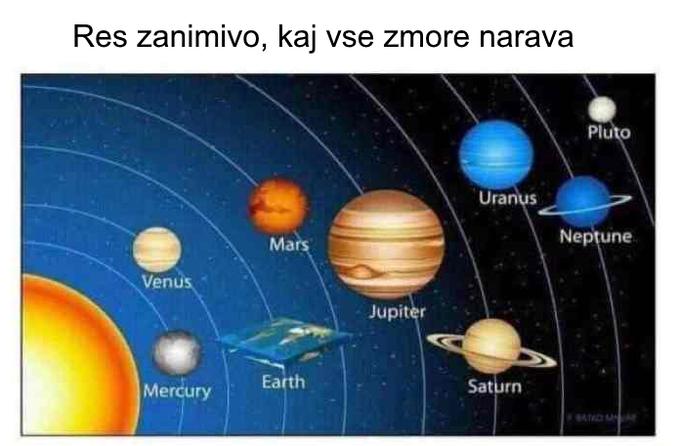 Šala, s katero na spletu pogosto dražijo podpornike teorije o ploščati Zemlji. Ti so pred kratkim v zanimivi izmenjavi mnenj z Elonom Muskom, ustanoviteljem vesoljskega podjetja SpaceX, namreč razkrili svoje prepričanje, da je ploščata samo Zemlja, drugi planeti na čelu z Marsom pa so okrogli. | Foto: Matic Tomšič / Posnetek zaslona