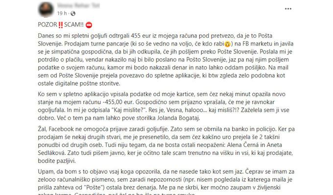 Slovenska uporabnica Facebooka je pred časom opisala, kako je podlegla lažni ponudbi za nakup izdelka na platformi Facebook Marketplace oziroma na Facebookovi tržnici. Goljufi se takrat niso izdajali za GLS, temveč za Pošto Slovenije. | Foto: Posnetek zaslona