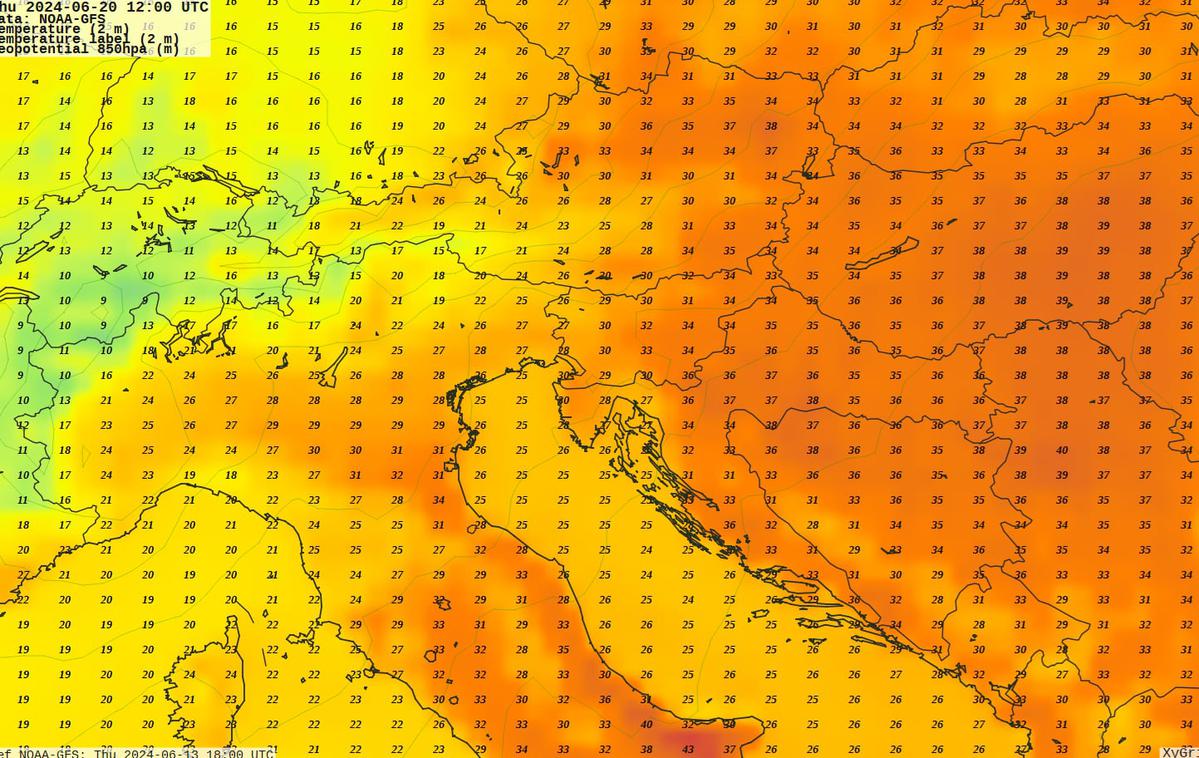 Mapa | Temperature se bodo na zadnji spomladanski dan, prihodnji četrtek, dvignile vse do 36 stopinj Celzija. V nekaterih krajih nekoliko vzhodneje in južneje od nas se bodo termometri povzpeli celo do 40 stopinj. | Foto XYgrib