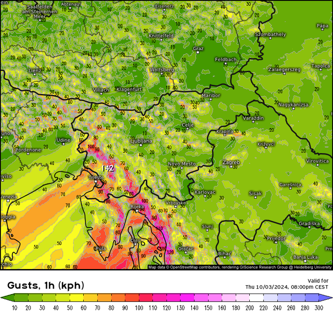 Najmočnejši sunki burje | Foto: meteologix