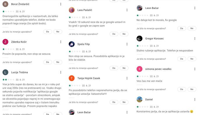 Tudi slovenski uporabniki so stran aplikacije Google na servisu Play Store danes zjutraj zasuli s pritožbami, da jim sesuvanje aplikacije onemogoča normalno uporabo pametnega telefona. | Foto: Matic Tomšič / Posnetek zaslona