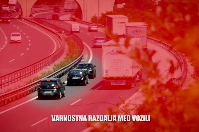 Voznik, ki vozi za drugim vozilom po istem prometnem pasu, mora voziti za njim na varnostni razdalji. Ta ne sme biti manjša od razdalje, ki jo pri hitrosti, s kakršno vozi, prevozi v dveh sekundah. | Foto: Dean Gostimirovič