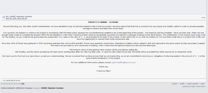 Pojasnilo o opustitvi projekta Xaurum Gamma na spletnem forumu Bitcointalk. Kdor bi se želel s člani ekipe projekta prepirati o tem, ali bodo nekateri vlagatelji ogoljufani, ker so vložili kriptovalute, nazaj pa bodo dobili evre, tega ne bo mogel storiti, ker je bila razprava o Xaurum Gamma tako po objavi tega sporočila zaklenjena. Kliknite za obisk foruma Bitcointalk.  | Foto: Bitcointalk / Xaurum Gamma