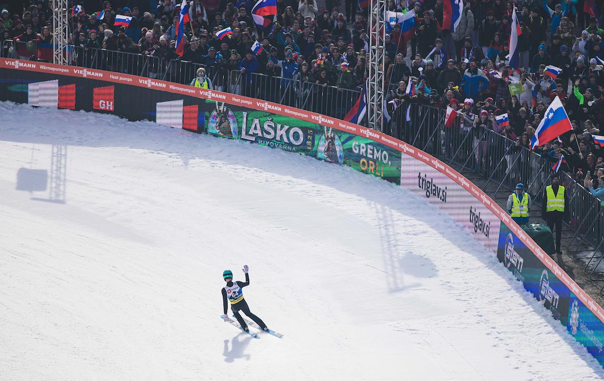 Anže Lanišek, Planica 2023, četrtek | Zmagovalec četrtkovih kvalifikacij za petkovo tekmo na letalnici bratov Gorišek Anže Lanišek uživa v poletih. | Foto Grega Valančič/Sportida